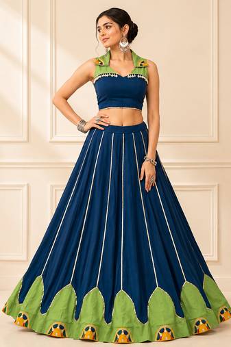 Blue Rayon Gamthi Work Navratri Lehenga Choli