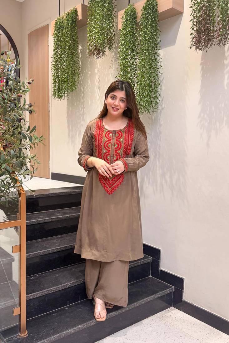 Embroidered French Crepe Straight Kurta Palazzo Set
