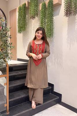 Embroidered French Crepe Straight Kurta Palazzo Set 1