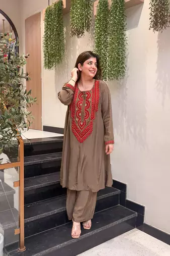 Embroidered French Crepe Straight Kurta Palazzo Set