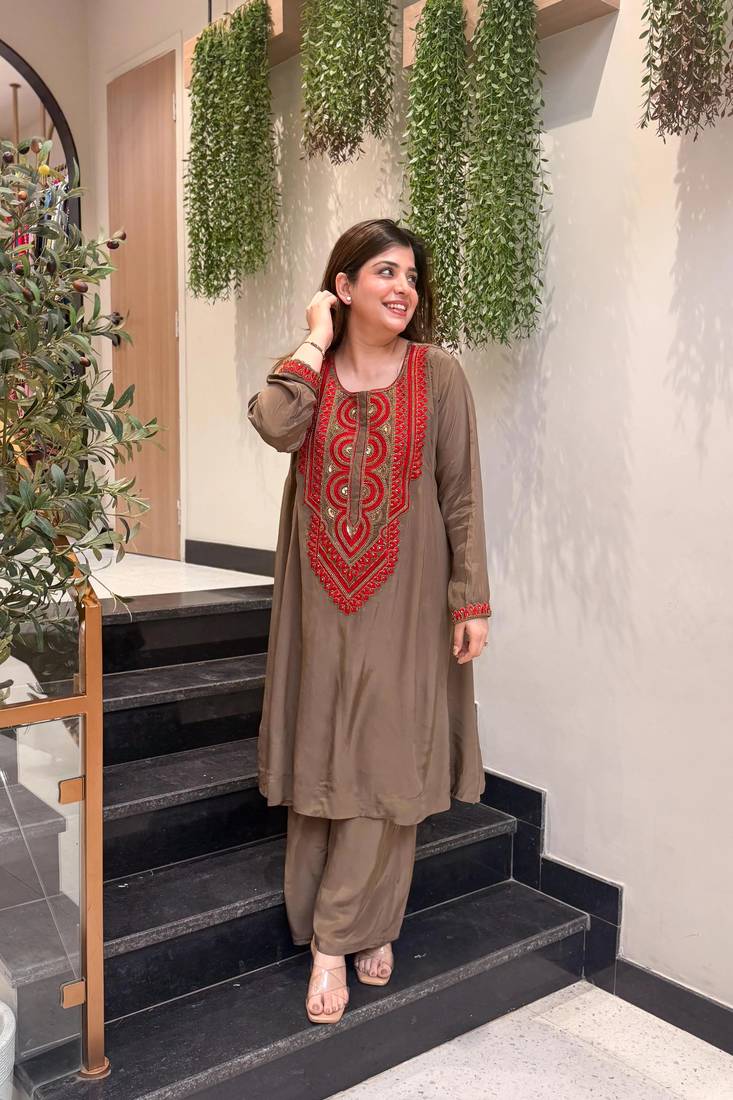 Embroidered French Crepe Straight Kurta Palazzo Set