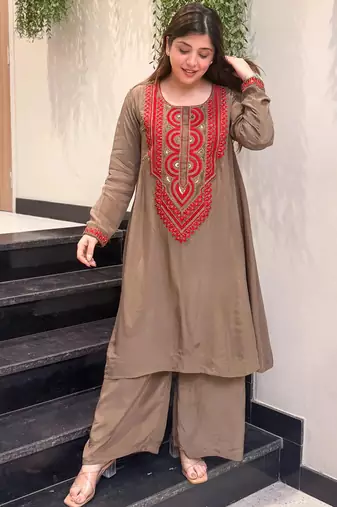 Embroidered French Crepe Straight Kurta Palazzo Set