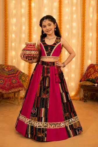 Pink rayon & roman silk mirrorless chaniya choli for navratri festival