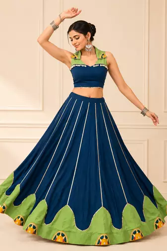 Blue Rayon Gamthi Work Navratri Lehenga Choli
