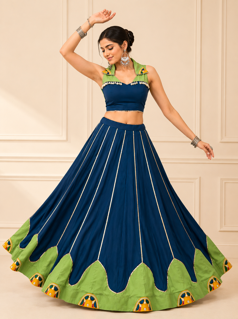 Blue Rayon Gamthi Work Navratri Lehenga Choli