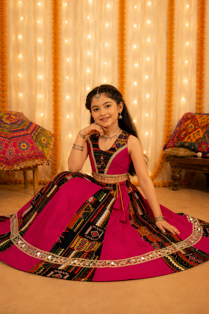 Pink rayon & roman silk mirrorless chaniya choli for navratri festival