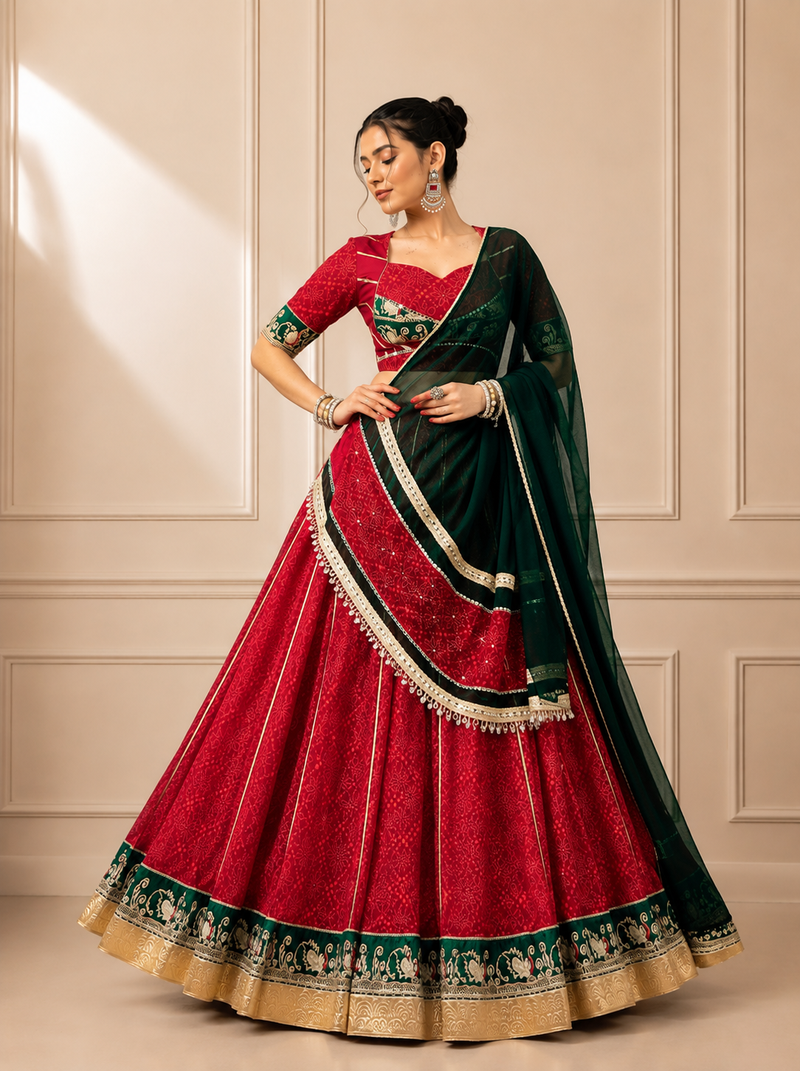 Red Bandhej Foil Print Georgette Navratri Lehenga Choli