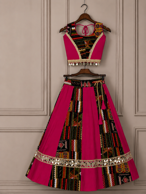 Pink rayon & roman silk mirrorless chaniya choli for navratri festival 3