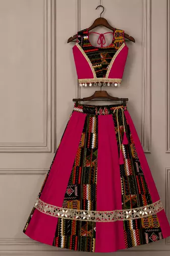 Pink rayon & roman silk mirrorless chaniya choli for navratri festival
