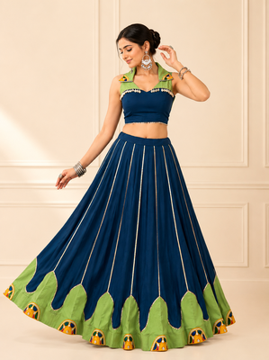 Blue Rayon Gamthi Work Navratri Lehenga Choli 3