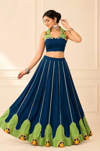 Blue Rayon Gamthi Work Navratri Lehenga Choli