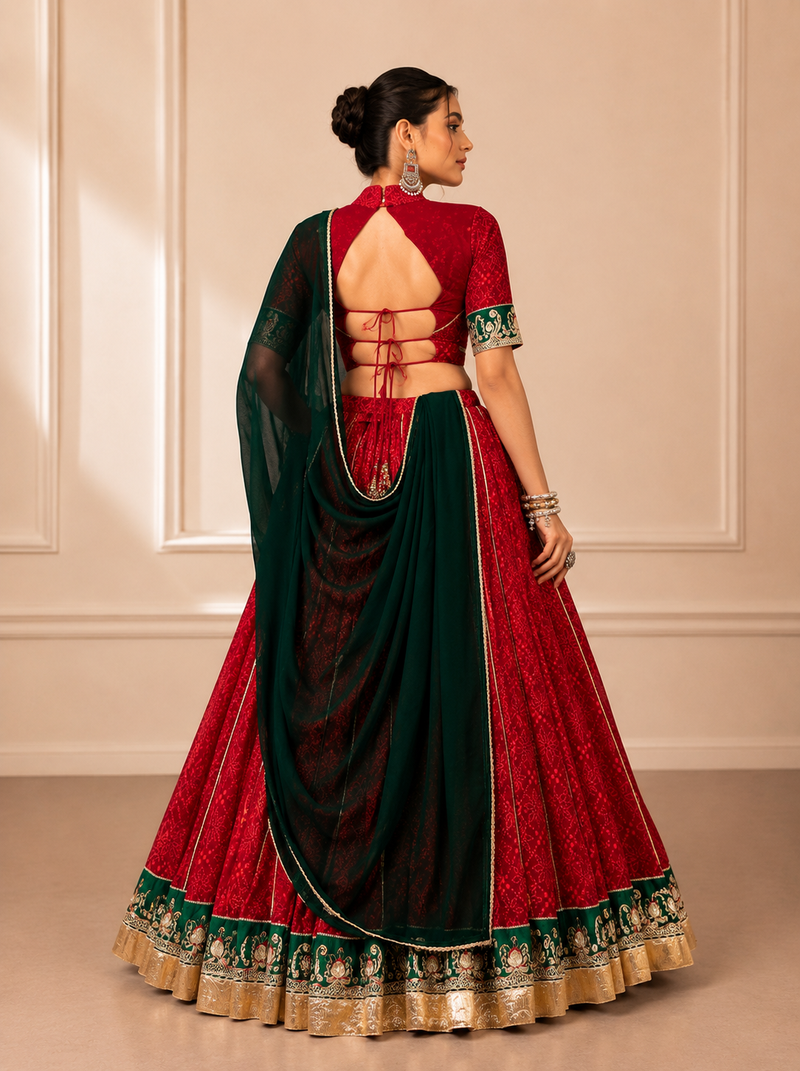 Red Bandhej Foil Print Georgette Navratri Lehenga Choli