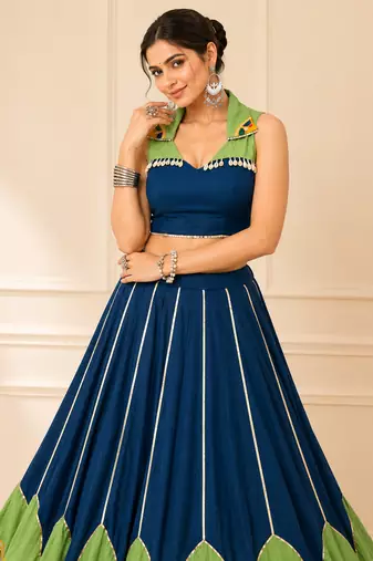 Blue Rayon Gamthi Work Navratri Lehenga Choli