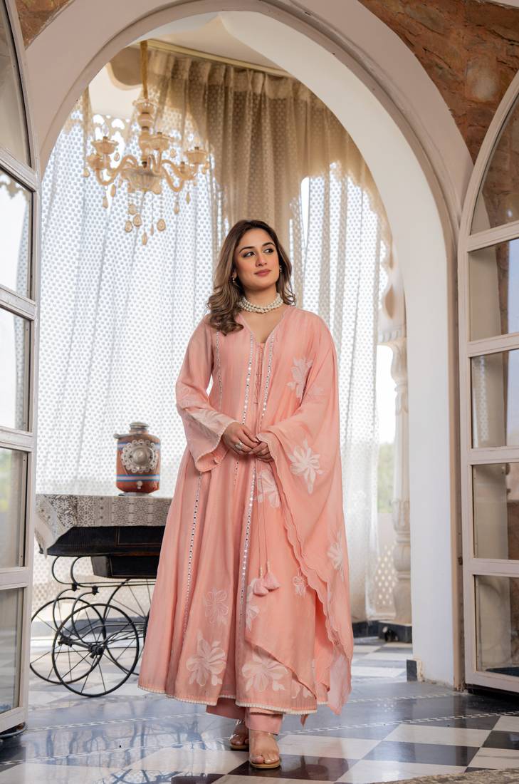 Embroidered Chanderi Silk Flared Anarkali Pant and Dupatta Set