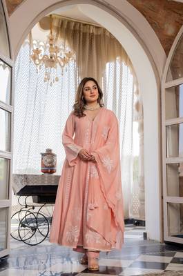 Embroidered Chanderi Silk Flared Anarkali Pant and Dupatta Set 1