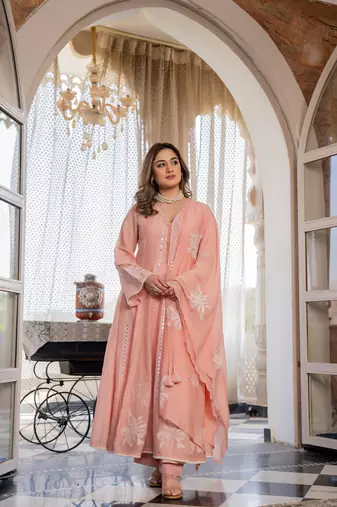 Embroidered Chanderi Silk Flared Anarkali Pant and Dupatta Set