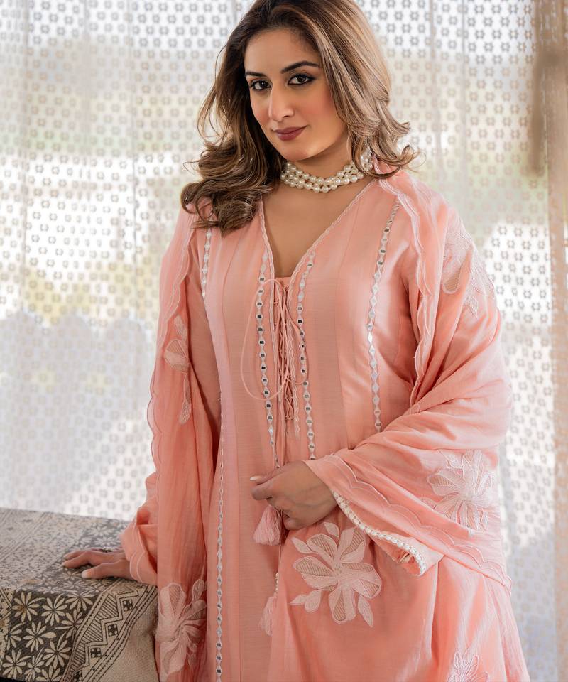 Embroidered Chanderi Silk Flared Anarkali Pant and Dupatta Set