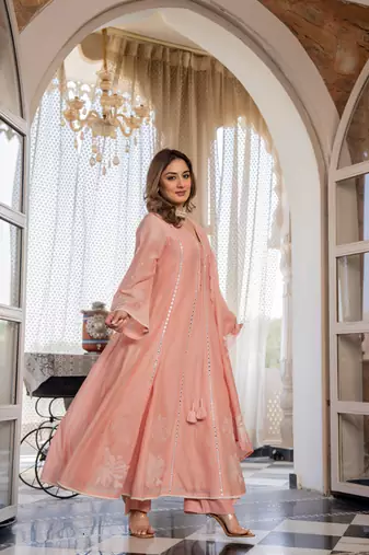 Embroidered Chanderi Silk Flared Anarkali Pant and Dupatta Set