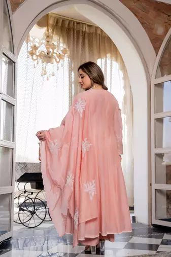 Embroidered Chanderi Silk Flared Anarkali Pant and Dupatta Set