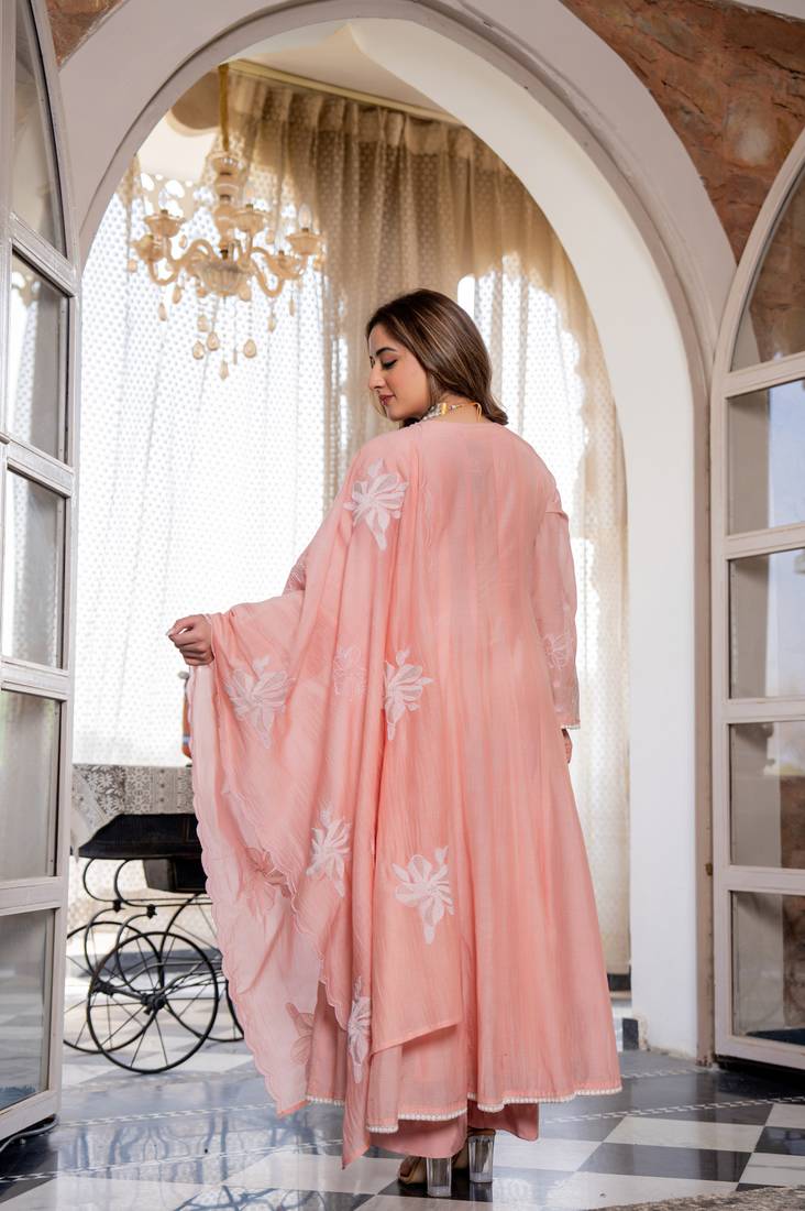 Embroidered Chanderi Silk Flared Anarkali Pant and Dupatta Set