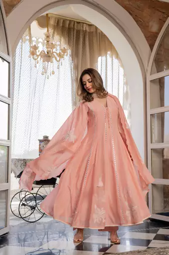 Embroidered Chanderi Silk Flared Anarkali Pant and Dupatta Set