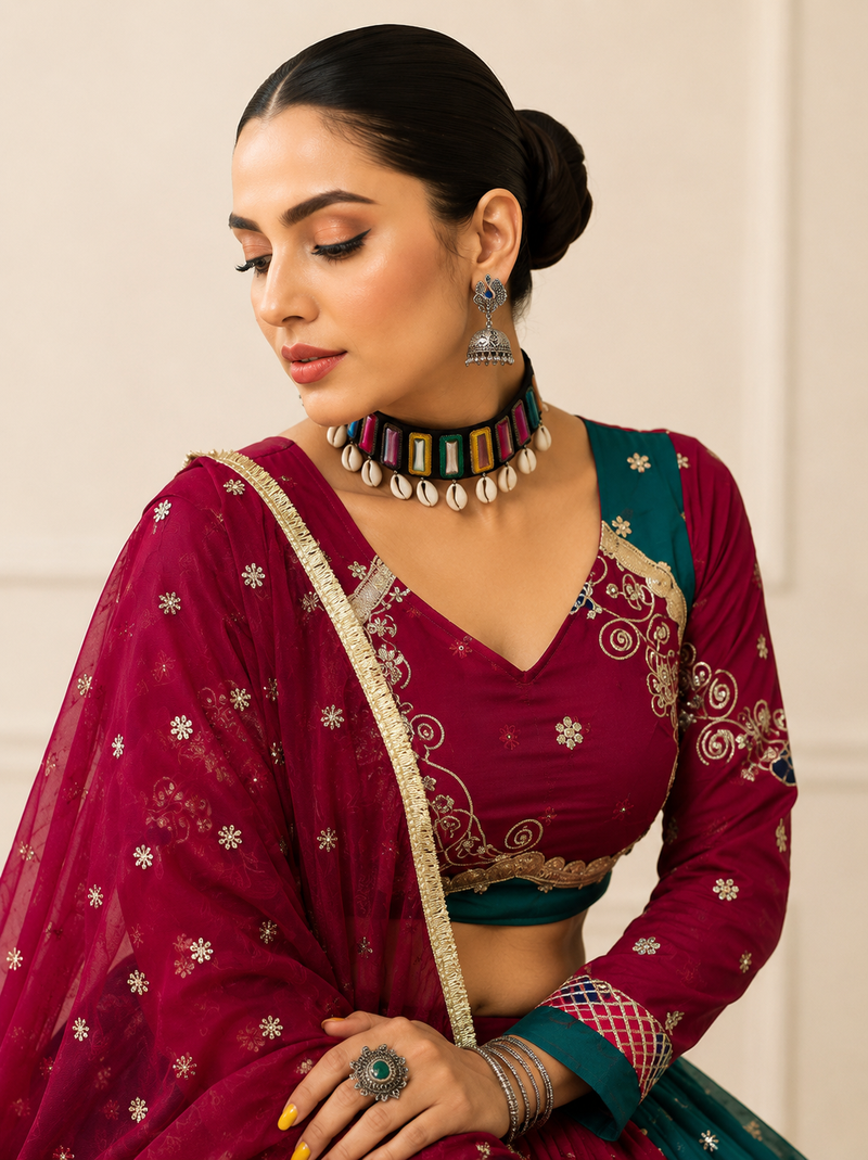 Multicolor Vintage Fox Georgette Embroidered Chaniya Choli