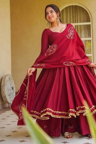 Maroon Color Plain Work silk blend salwar suit