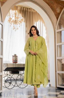 Embroidered Chanderi Silk Flared Anarkali Pant and Dupatta Set 1