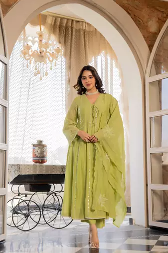 Embroidered Chanderi Silk Flared Anarkali Pant and Dupatta Set