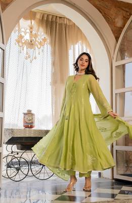 Embroidered Chanderi Silk Flared Anarkali Pant and Dupatta Set 3