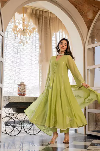 Embroidered Chanderi Silk Flared Anarkali Pant and Dupatta Set