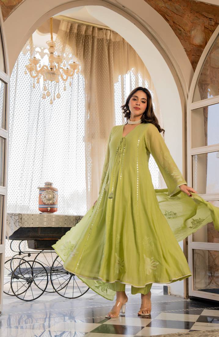 Embroidered Chanderi Silk Flared Anarkali Pant and Dupatta Set