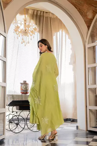 Embroidered Chanderi Silk Flared Anarkali Pant and Dupatta Set