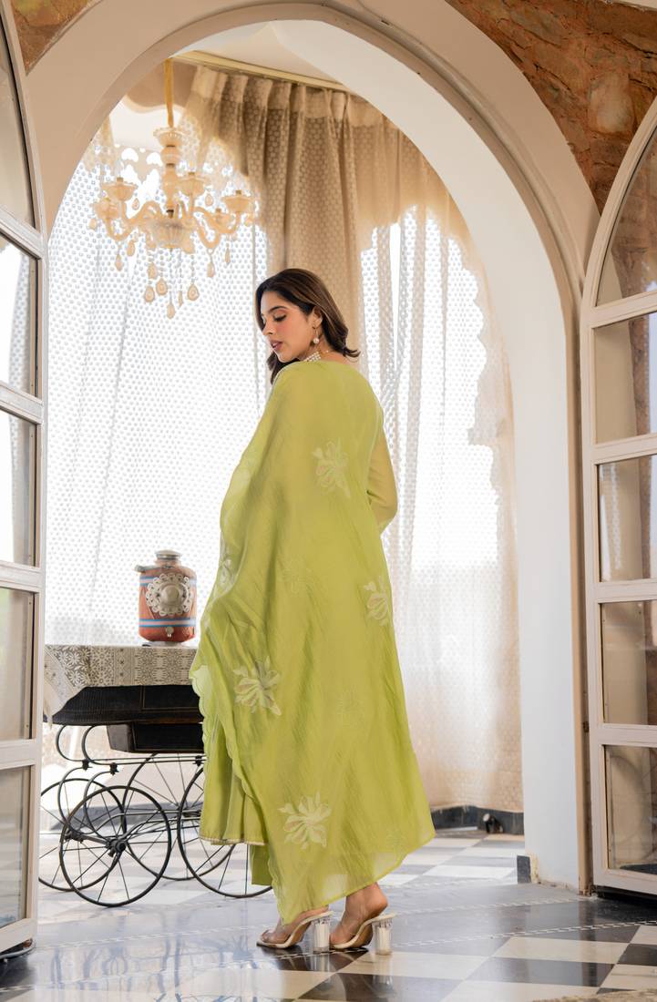 Embroidered Chanderi Silk Flared Anarkali Pant and Dupatta Set