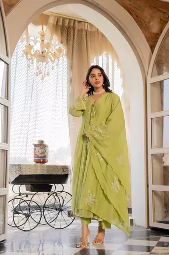 Embroidered Chanderi Silk Flared Anarkali Pant and Dupatta Set