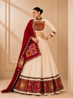 Cream Vanilla Gamthi Mirror Work Rayon Lehenga Choli 1