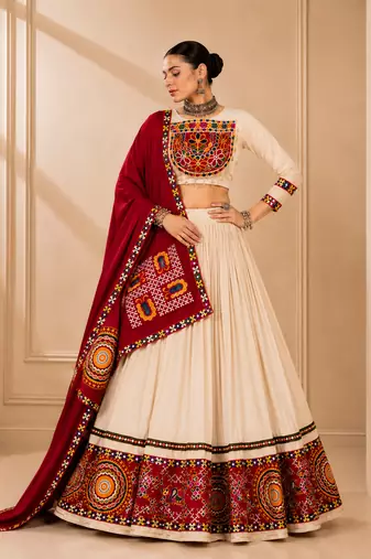 Cream Vanilla Gamthi Mirror Work Rayon Lehenga Choli