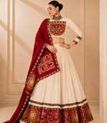 Cream Vanilla Gamthi Mirror Work Rayon Lehenga Choli