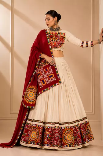 Cream Vanilla Gamthi Mirror Work Rayon Lehenga Choli