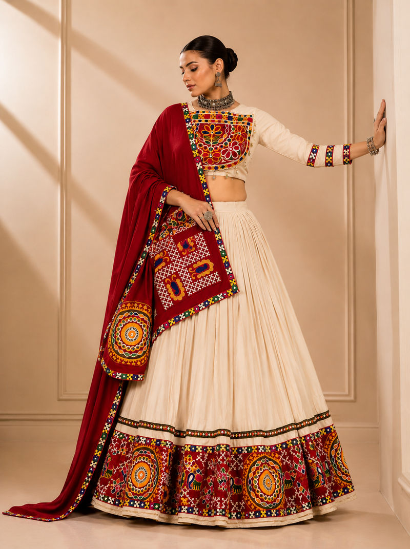 Cream Vanilla Gamthi Mirror Work Rayon Lehenga Choli