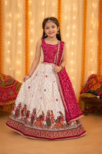 Pink rayon cotton printed chaniya choli for navratri for kid