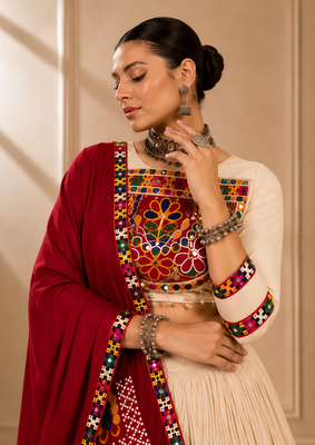 Cream Vanilla Gamthi Mirror Work Rayon Lehenga Choli 3