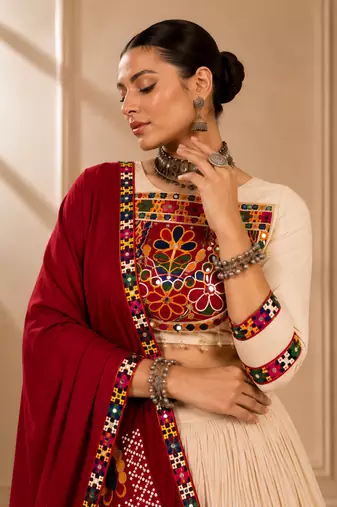 Cream Vanilla Gamthi Mirror Work Rayon Lehenga Choli