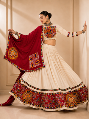 Cream Vanilla Gamthi Mirror Work Rayon Lehenga Choli 4