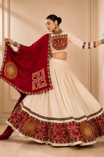 Cream Vanilla Gamthi Mirror Work Rayon Lehenga Choli