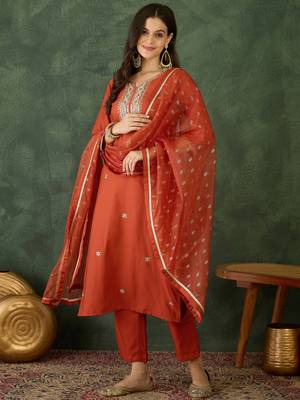 Women's Gorgeous Embroidery Work Silk Fabric Straight Kurta Pant and Dupatta Set 1