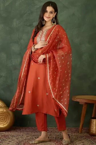Women's Gorgeous Embroidery Work Silk Fabric Straight Kurta Pant and Dupatta Set