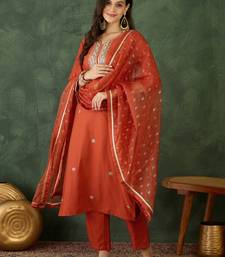 Women's Gorgeous Embroidery Work Silk Fabric Straight Kurta Pant and Dupatta Set