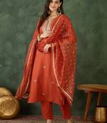 Women's Gorgeous Embroidery Work Silk Fabric Straight Kurta Pant and Dupatta Set