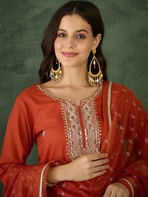Women's Gorgeous Embroidery Work Silk Fabric Straight Kurta Pant and Dupatta Set 2